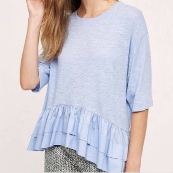 Anthropologie Akemi+Kin blue slub cotton ruffle hem short sleeve tee size small - Picture 1 of 6